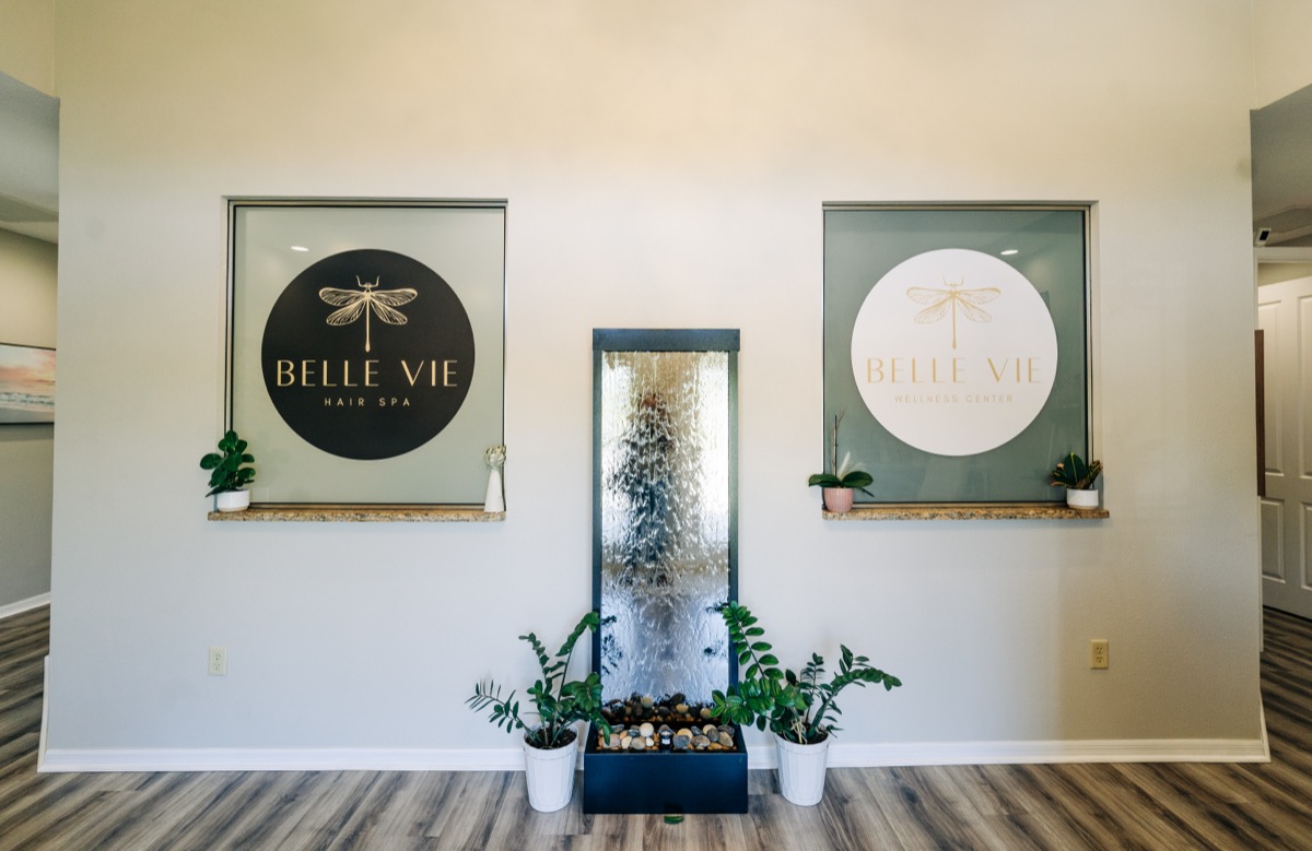 Belle Vie dragonfly emblem wall flanked by water features