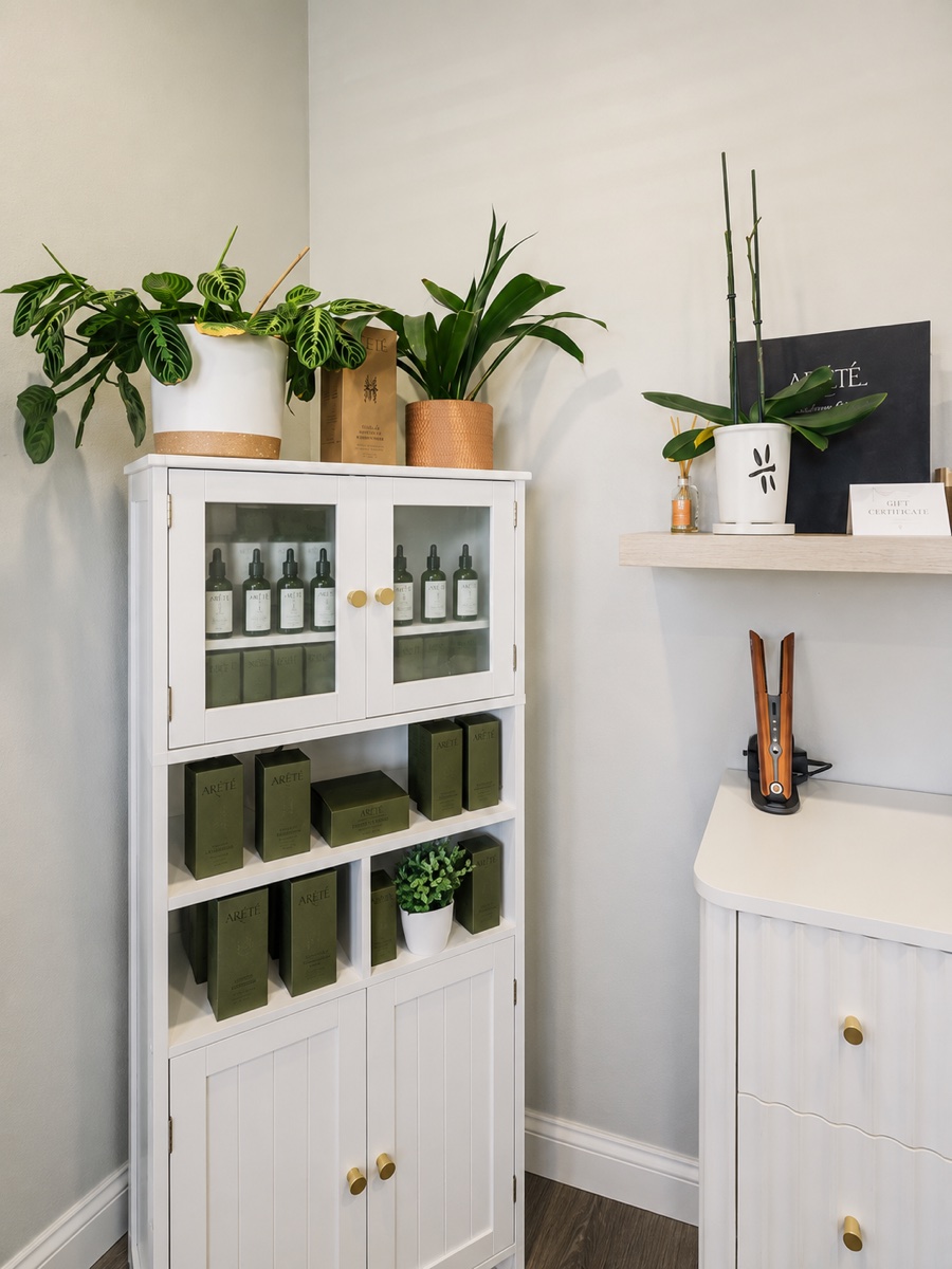 Organic product display corner with Areté products and plants